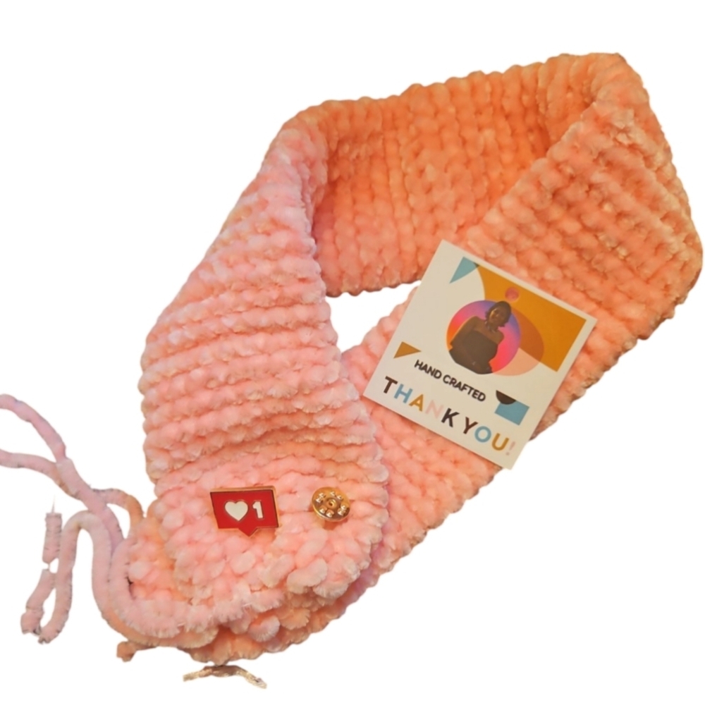 Handmade Skinny Scarf Crochet Pink Chenille 100% Polyester Enamel pin